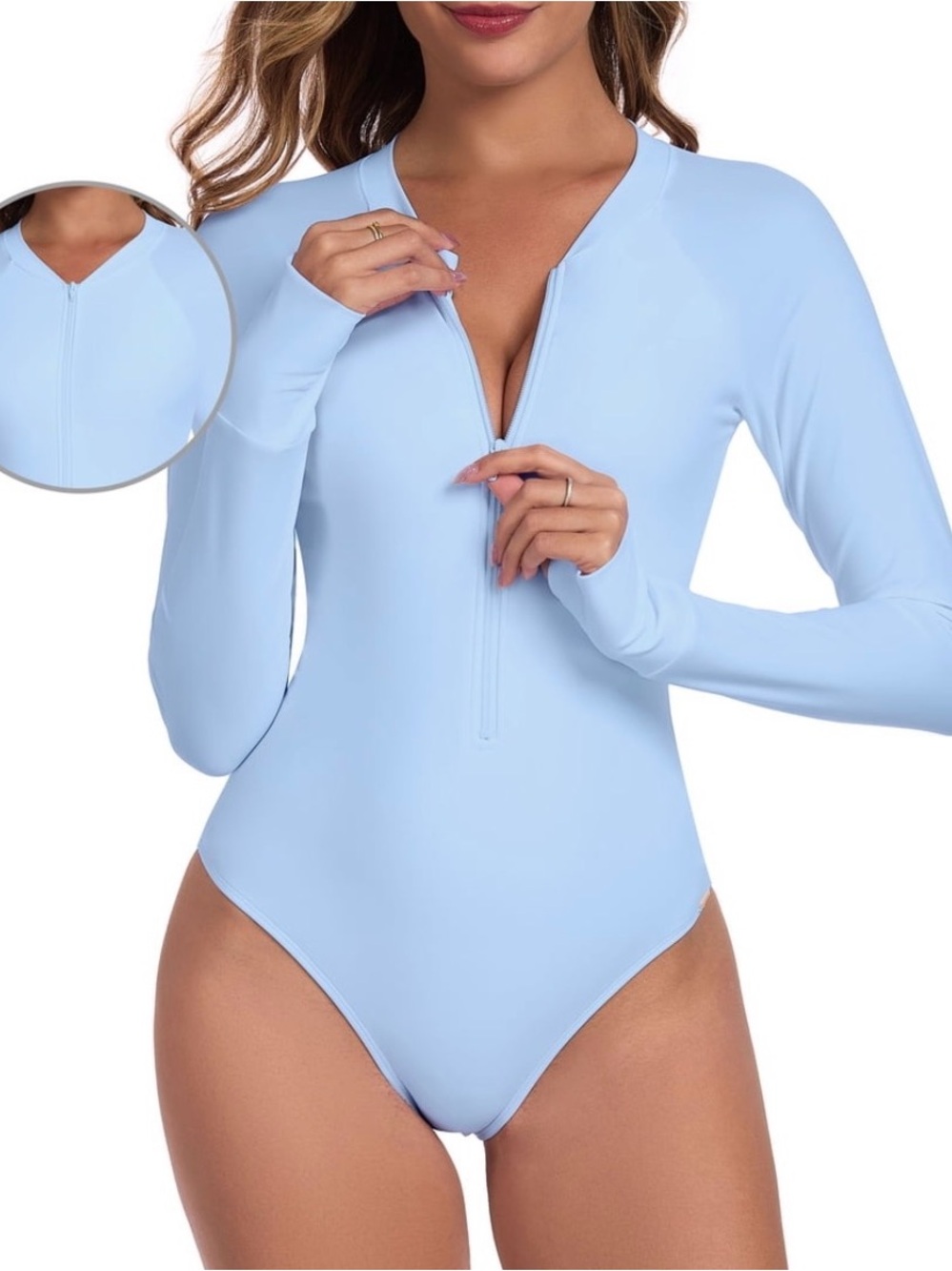 RELLECIGA Sea Blue Long Sleeve Women's Swim One-Piece Front Zip ITALY XL NWT